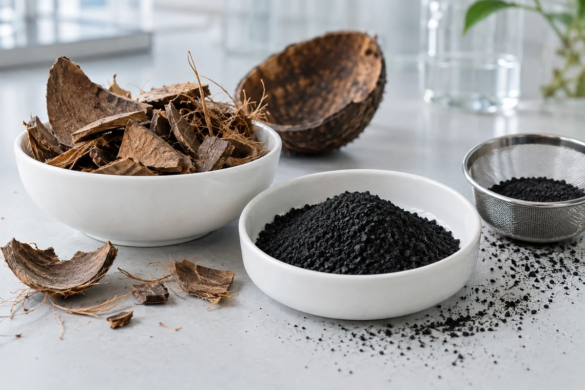 Coconut shell fragments and biochar in laboratory dishes
