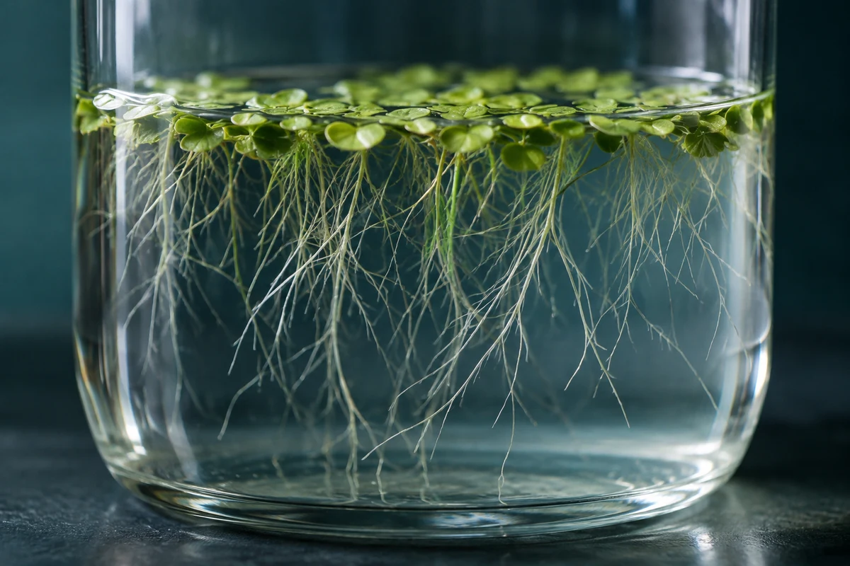 Duckweed roots suspended in a glass vessel of clear water