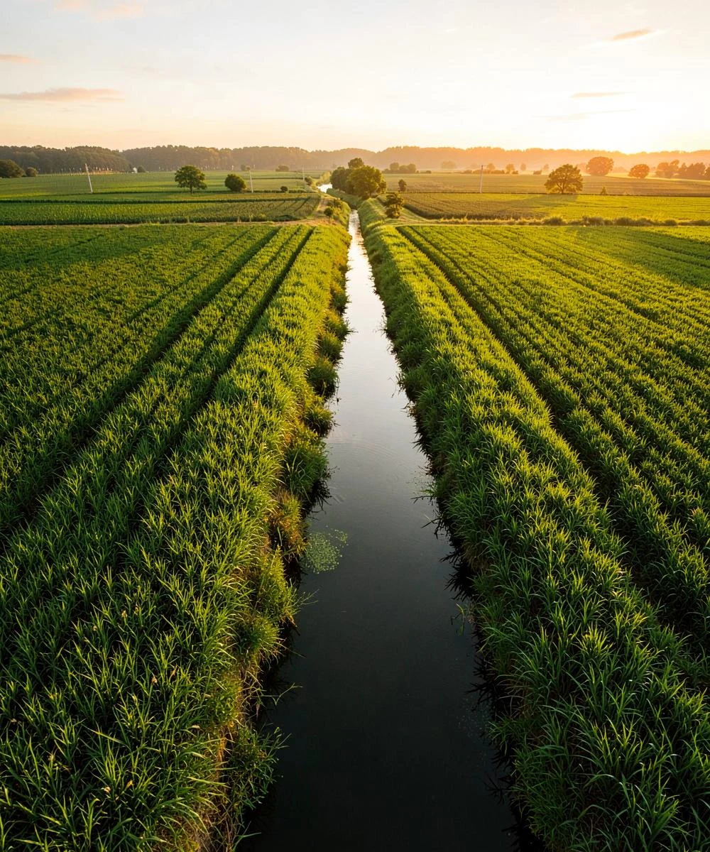 Irrigation canal running through farmland at sunrise