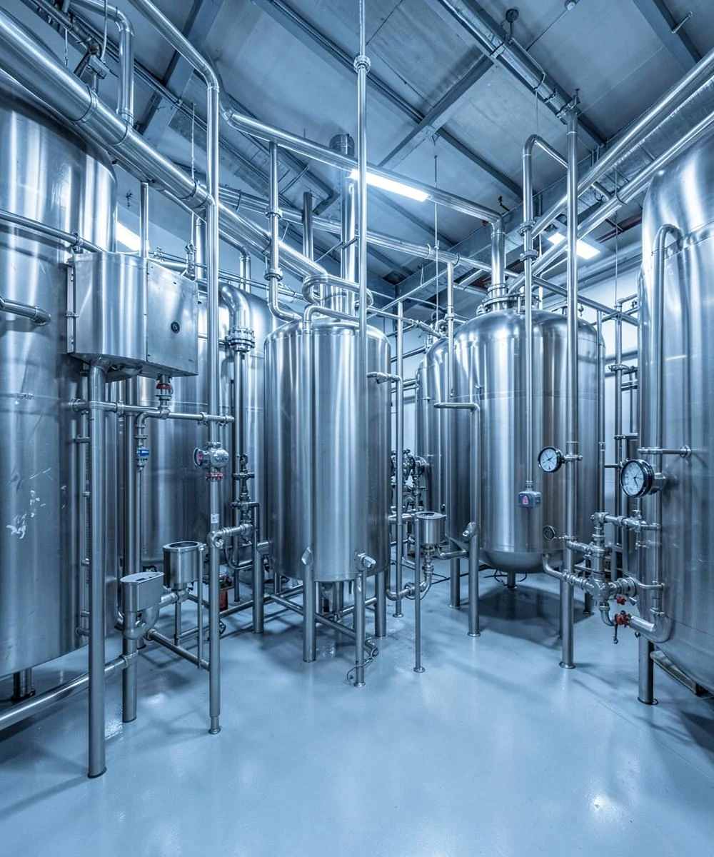 Stainless process tanks inside an industrial facility