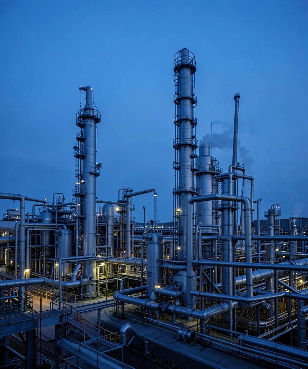 Refinery towers at blue hour