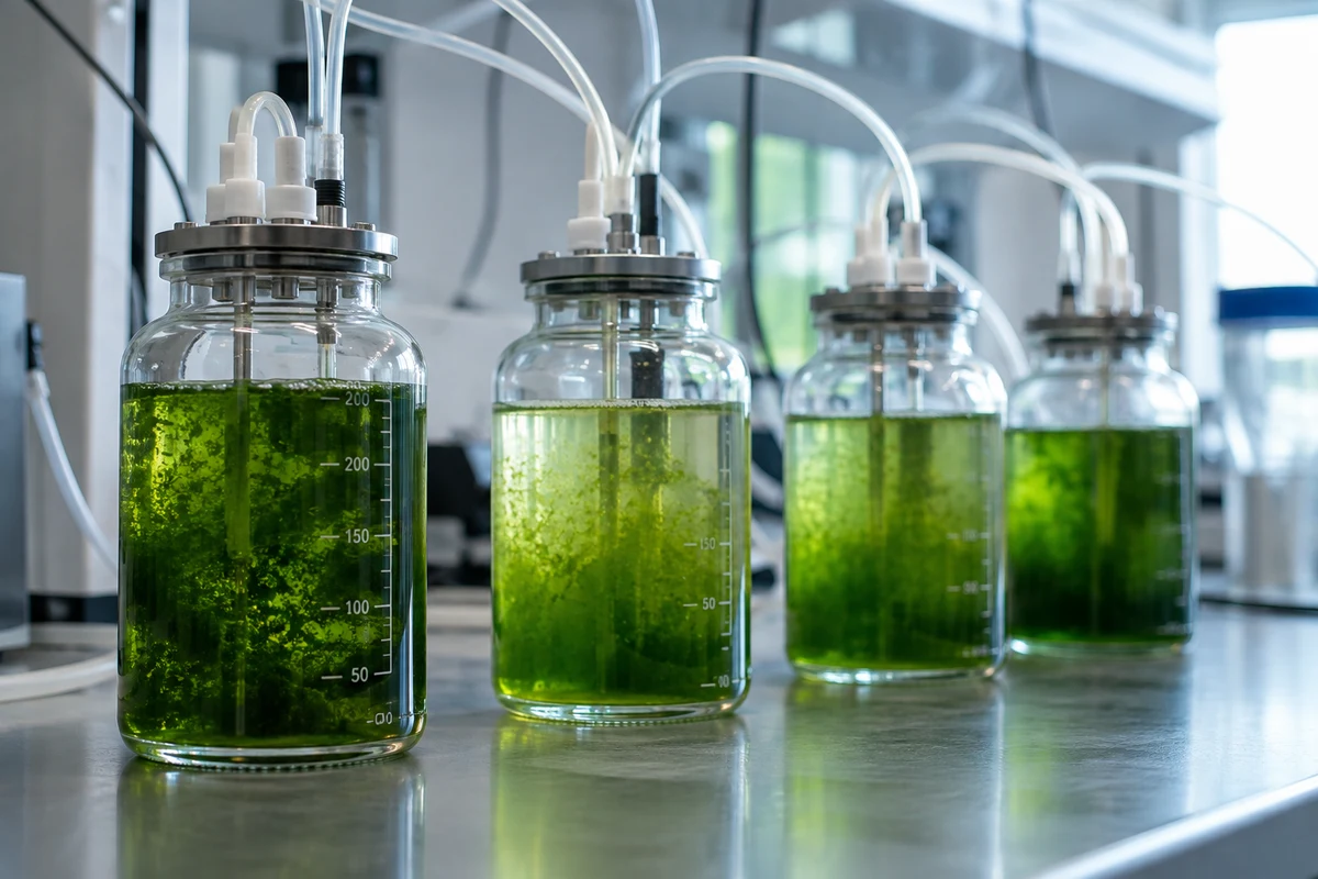 Glass bioreactors containing green microalgae cultures