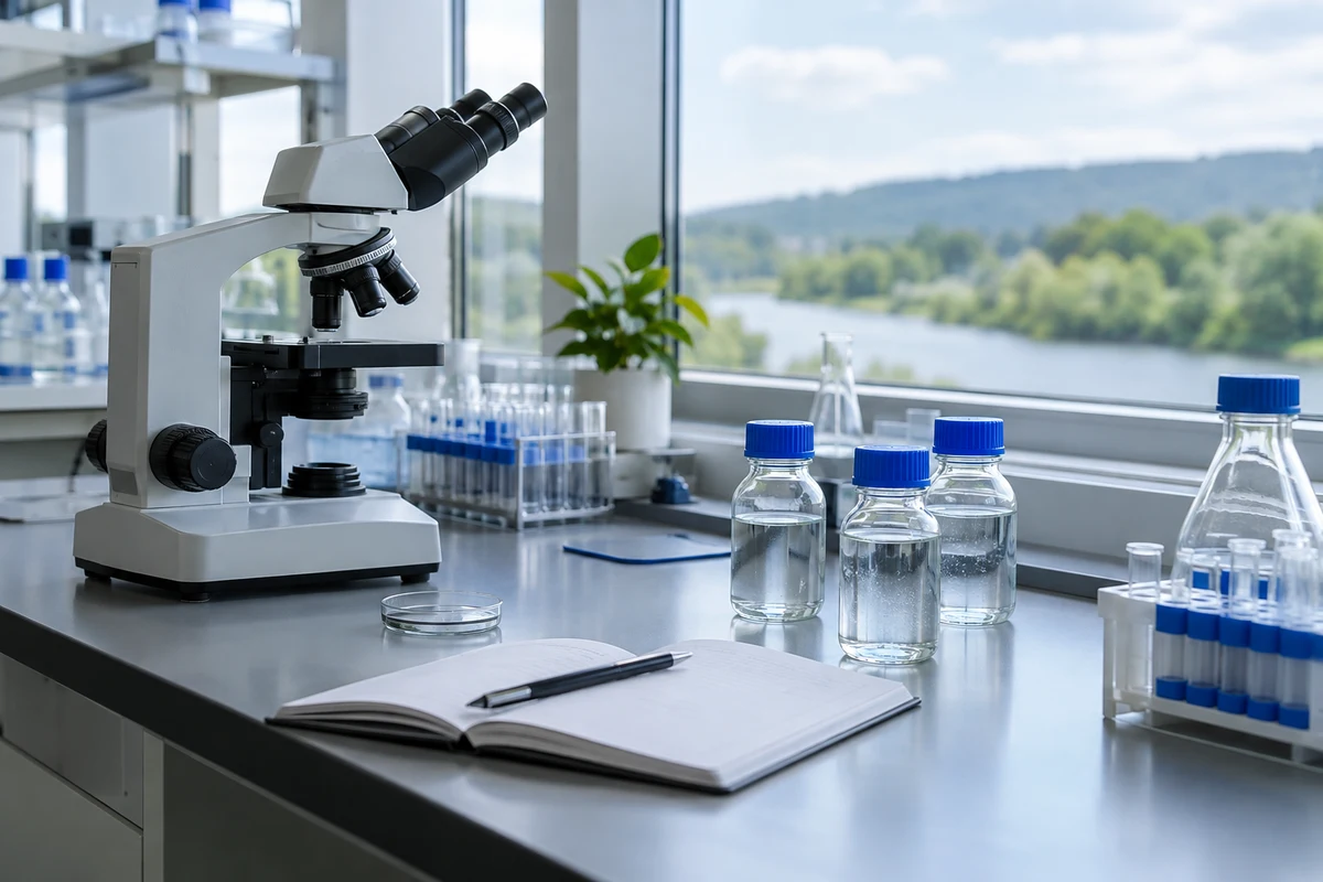 Microscope and water samples on an analytical laboratory bench
