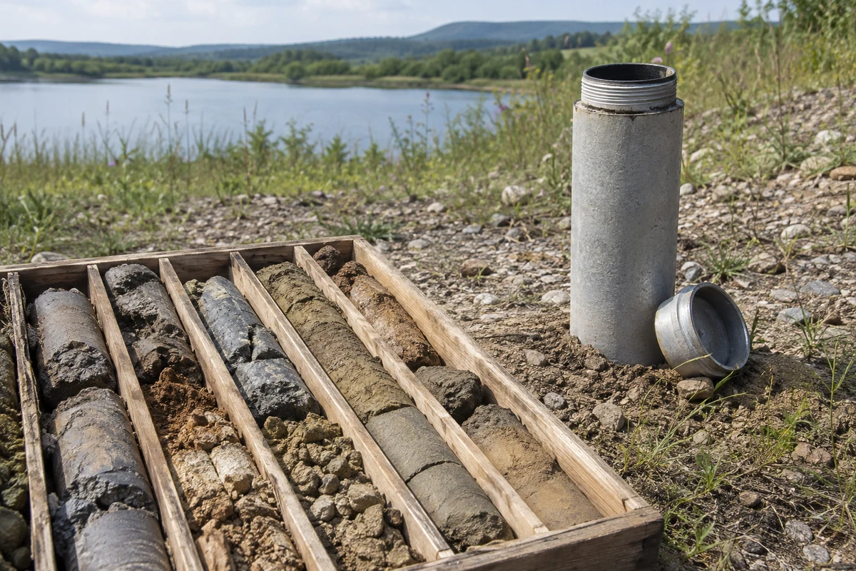 Soil core samples beside a groundwater monitoring well