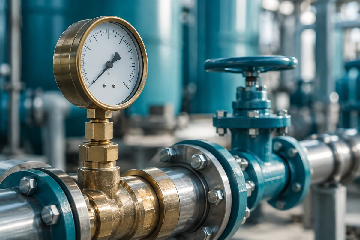 Pressure gauge and valve assembly on a water pipeline