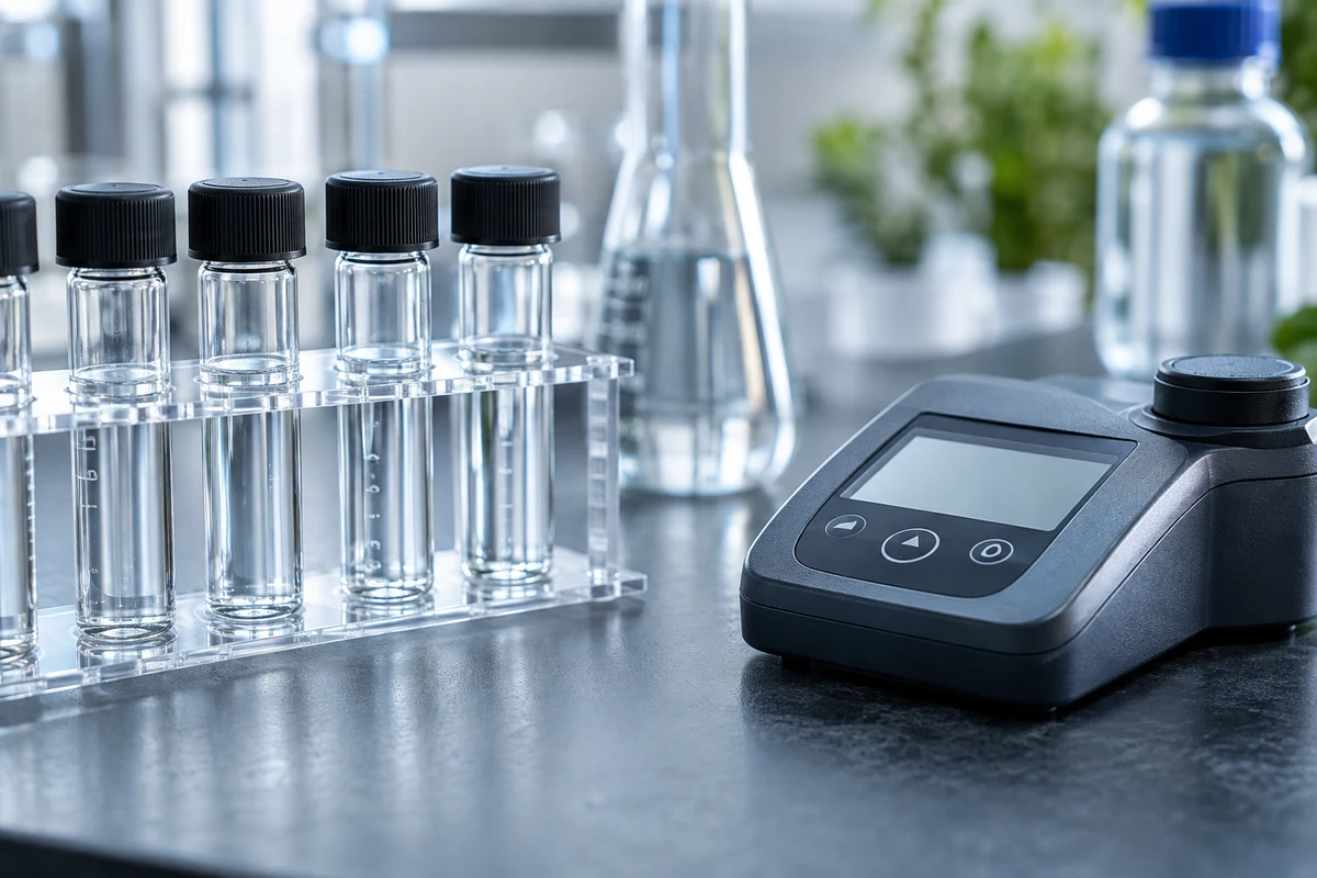 Water sample vials beside a laboratory water-quality meter
