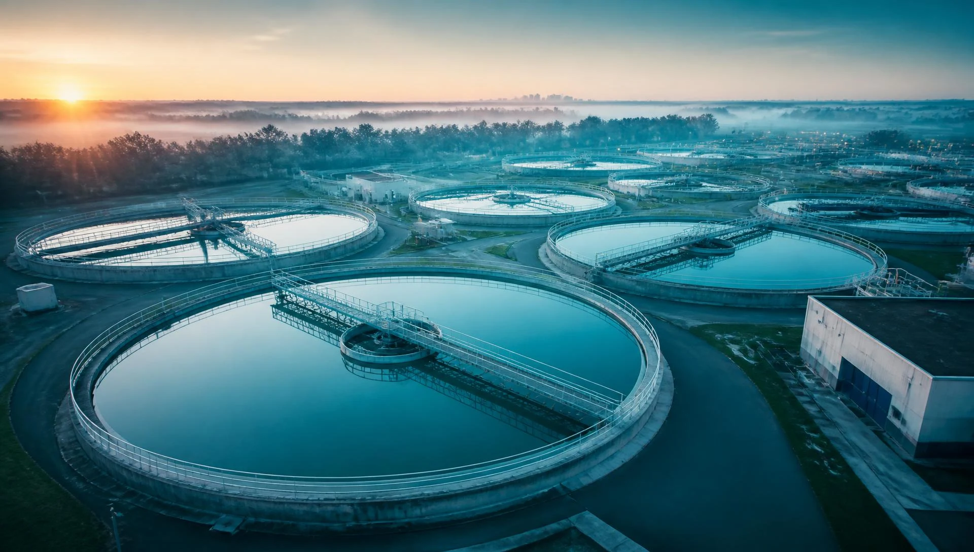 Aerial view of a water treatment facility at dawn